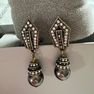 Heidi Daus Grey/ Black Art Deco Pearl Drop Earrings with Rhinestones